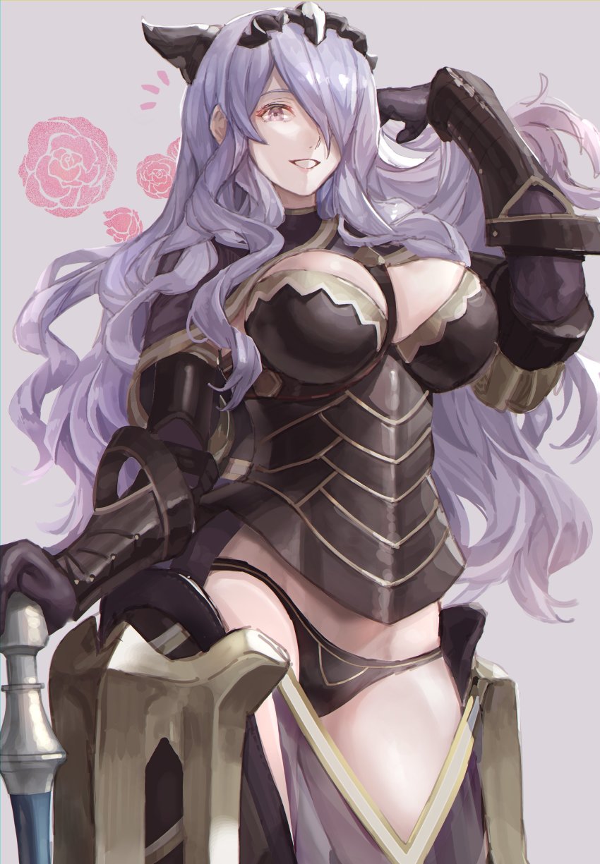 1girl, absurdres, armor, axe, battle_axe, black_armor, black_panties, blush