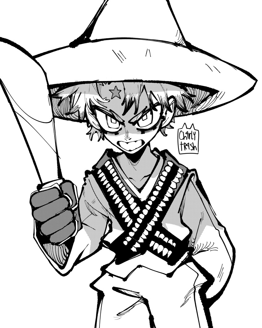 1boy, absurdres, bandolier, belt, ch4rlytr4sh, gachiakuta, gloves, greyscale, hat, highres, holding, holding_weapon, looking_at_viewer, machete, monochrome, rudo_surebrec, short_hair, simple_background, solo, sombrero, spiked_hair, weapon, white_background, white_hair