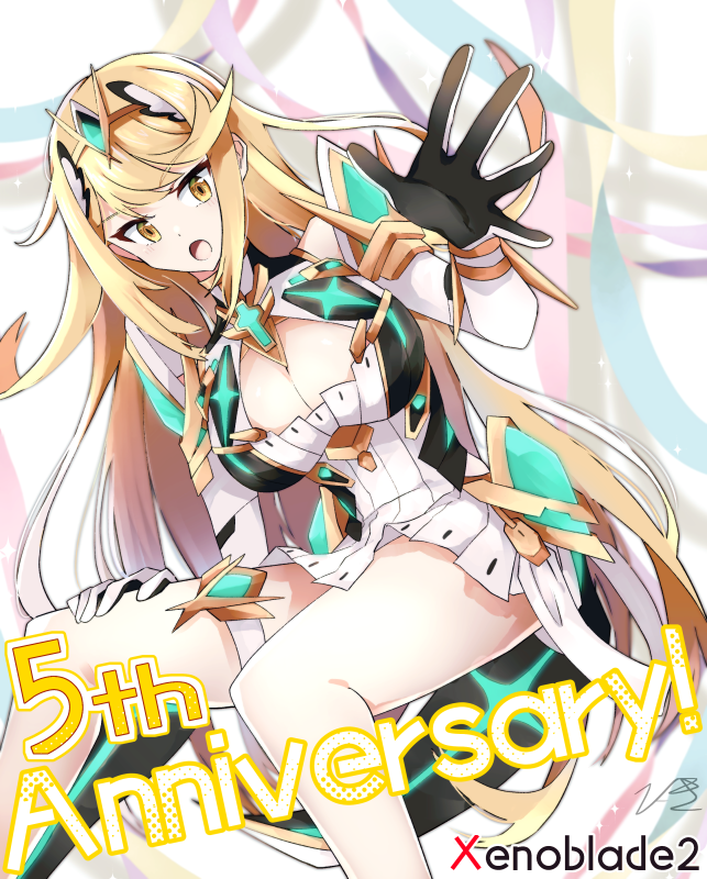 1girl, anniversary, blonde_hair, breasts, circlet, cleavage, elbow_gloves, gloves, hikouki_(umiko003), large_breasts, long_hair, looking_at_viewer, mythra_(xenoblade), open_hand, open_mouth, solo, thigh_strap, thighs, very_long_hair, xenoblade_chronicles_(series), xenoblade_chronicles_2, yellow_eyes