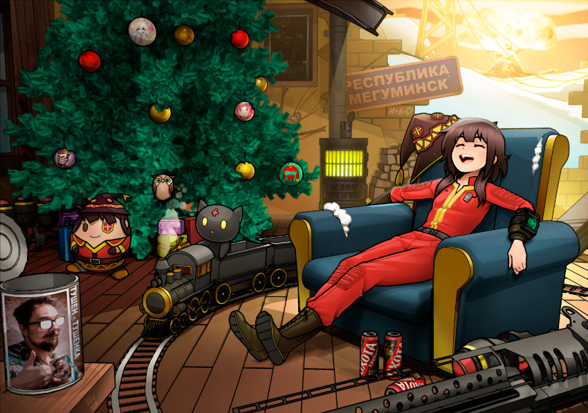 1girl, absurdres, alternate_costume, boots, can, character_request, chomusuke, christmas