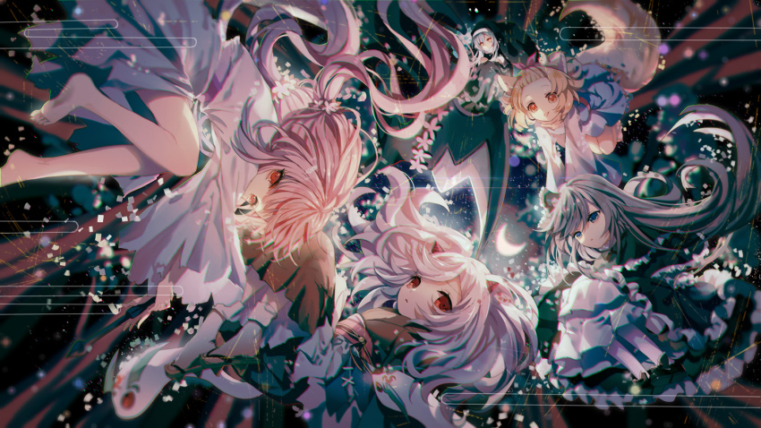 5girls, animal_ears, ash_blossom_&amp;_joyous_spring, barefoot, black_footwear, blonde_hair, bow, capelet