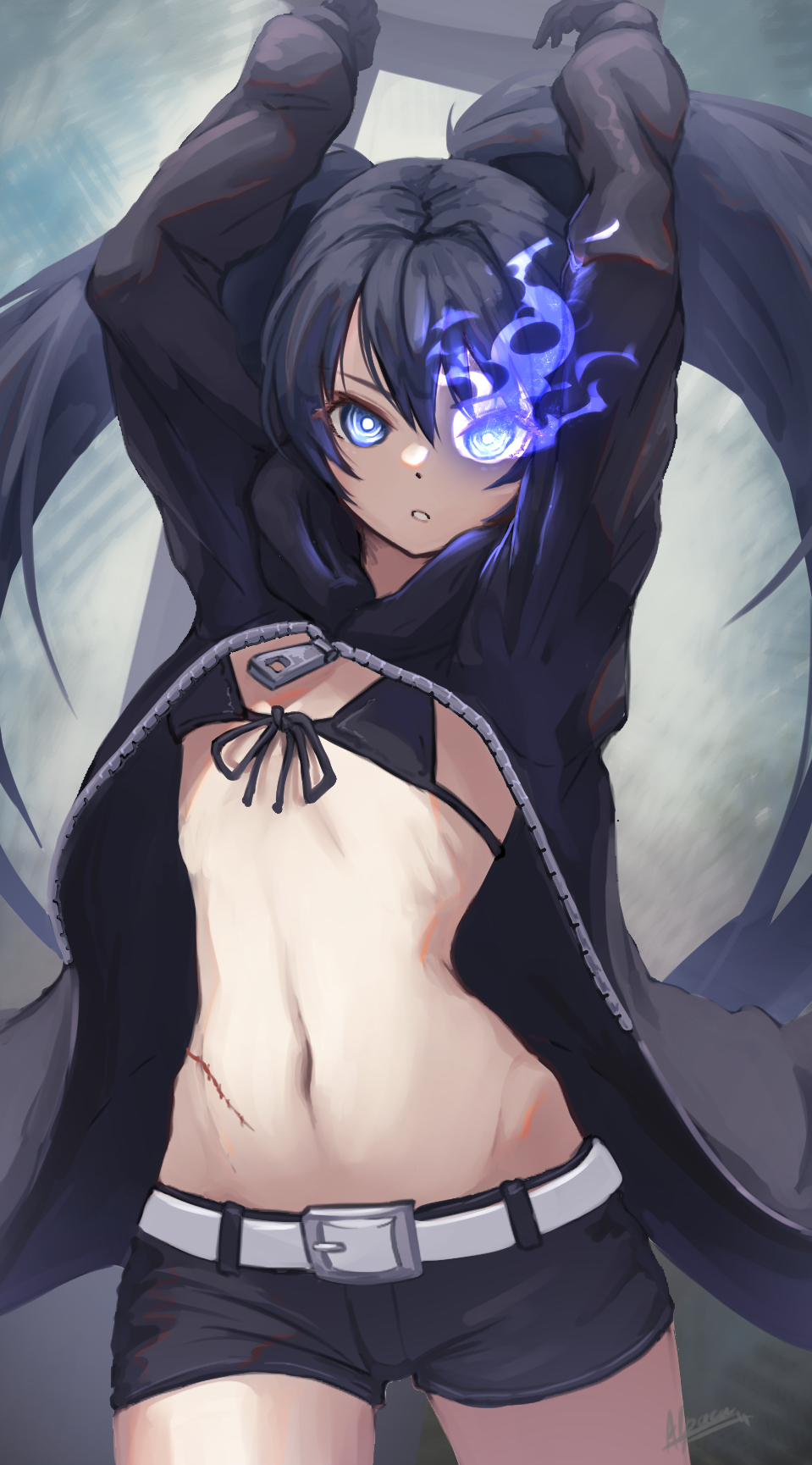 1girl, alpaca_(alpaca00011), arms_up, belt, belt_buckle, bikini, bikini_top_only, black_bikini