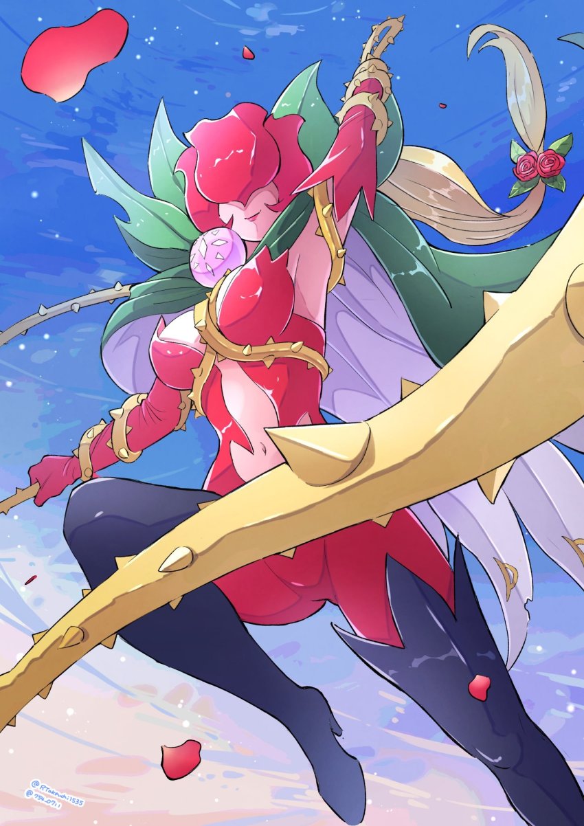 1girl, artist_collaboration, black_boots, blonde_hair, boots, breasts, cape, clothing_cutout, covered_eyes, digimon, digimon_(creature), hidden_eyes, high_heels, highres, large_breasts, lipstick, long_hair, makeup, nagoshi, navel, rosemon, signature, takeuchi_(rtakeuchi1535), thorns, whip