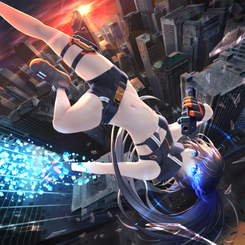 1girl, absurdres, aiming, aiming_at_viewer, black_footwear, black_gloves, black_hair, black_rock_shooter