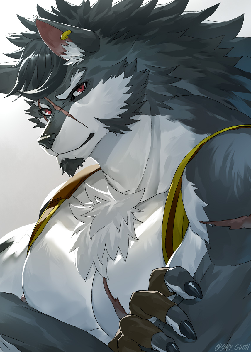 1boy, abs, artist_name, bara, biceps, black_hair, close-up, crossed_arms