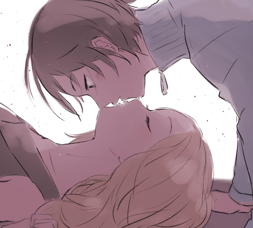 1boy, 1girl, arm_support, black_hair, black_shirt, blonde_hair, blue_jacket, calem_(pokemon)