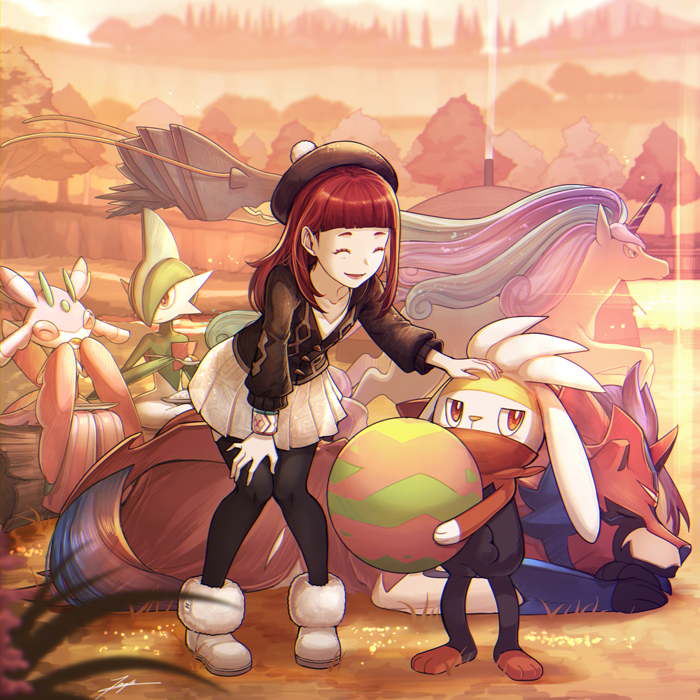 1girl, alternate_hair_color, ball, black_cardigan, black_fur, black_headwear, black_pantyhose, blue_hair