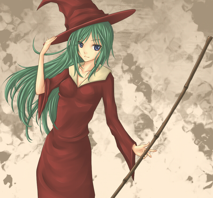 1girl, bad_id, bad_pixiv_id, blue_eyes, duel_monster, female_focus, green_hair, hat, long_hair, mystical_sand, shintani_tsushiya, smile, solo, staff, witch, yu-gi-oh!, yu-gi-oh!_duel_monsters