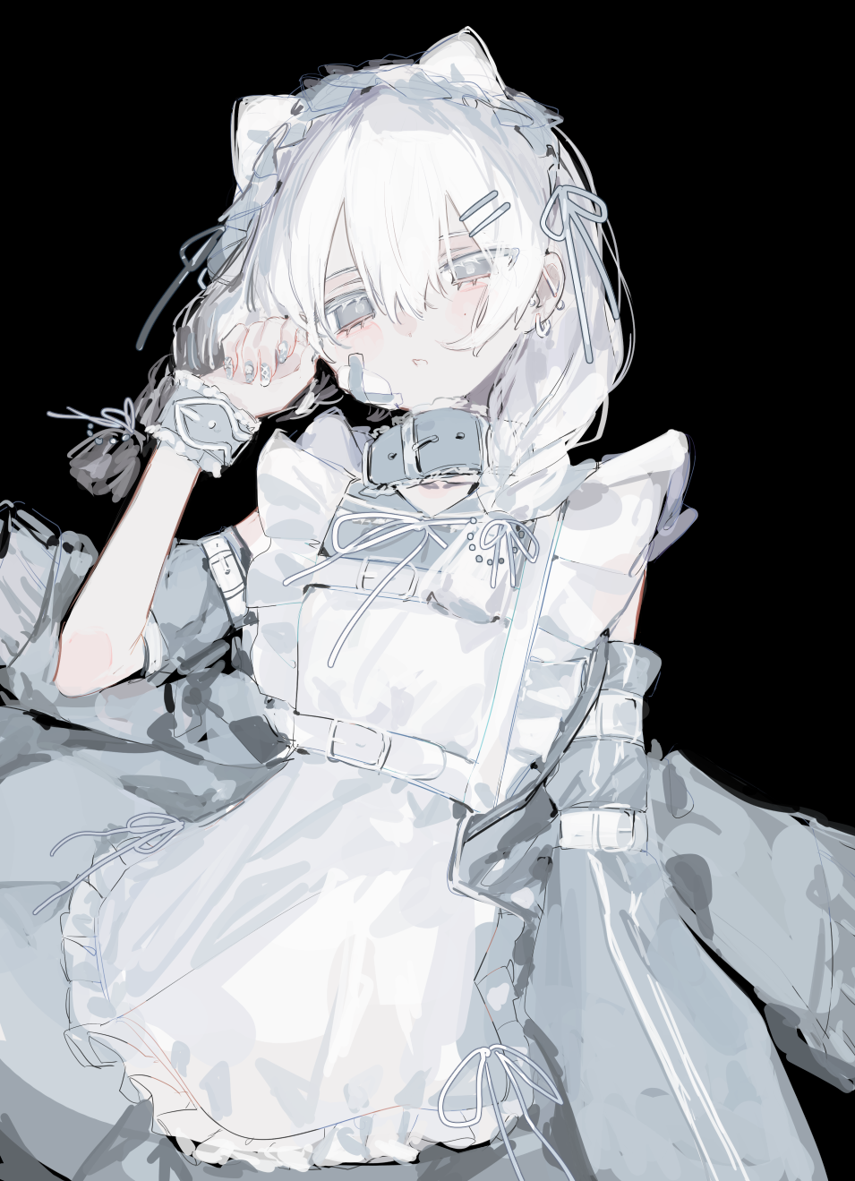 1girl, adjusting_hair, animal_ears, apron, bandaid, belt_collar, black_background, braid