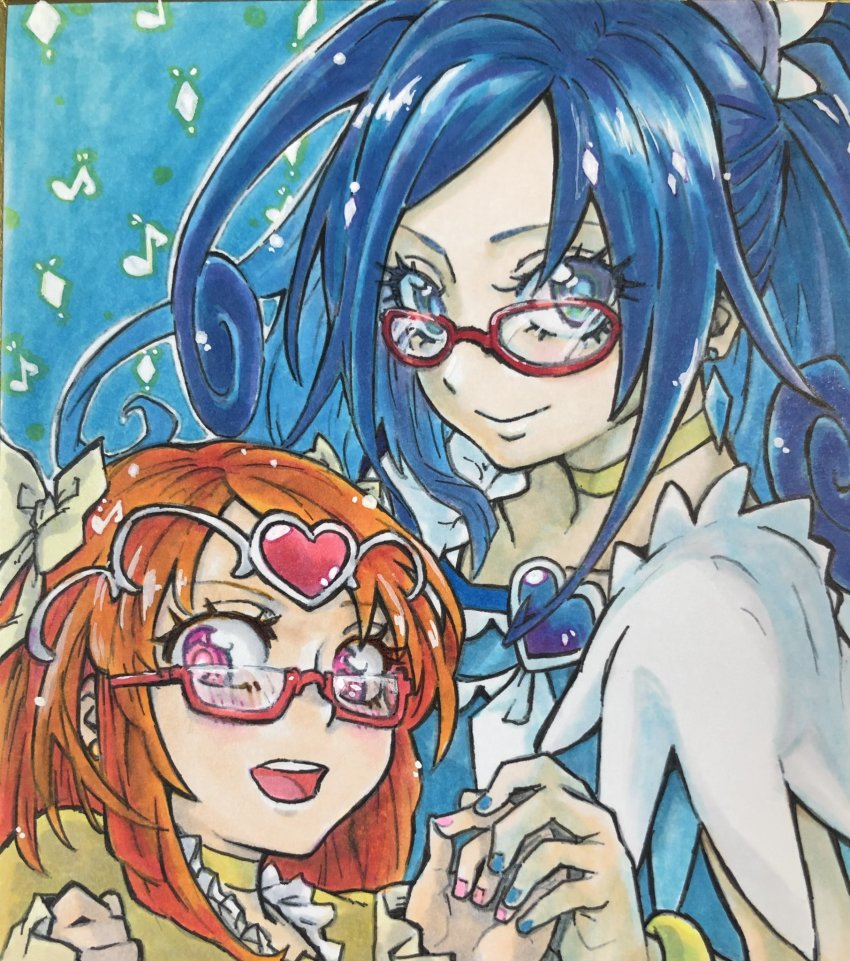 2girls, argyle_background, argyle_clothes, blue_background, blue_dress, blue_eyes, blue_hair, blush, brooch, chiyo9573, choker, closed_mouth, crystal_earrings, cure_diamond, cure_muse_(yellow), dokidoki!_precure, dress, earrings, glasses, heart, heart_brooch, high_ponytail, highres, hishikawa_rikka, in-franchise_crossover, jewelry, long_hair, looking_at_viewer, multiple_girls, musical_note, open_mouth, orange_hair, pink_eyes, ponytail, precure, red-framed_eyewear, ribbon, shirabe_ako, shirt, suite_precure, upper_body, yellow_choker, yellow_ribbon, yellow_shirt