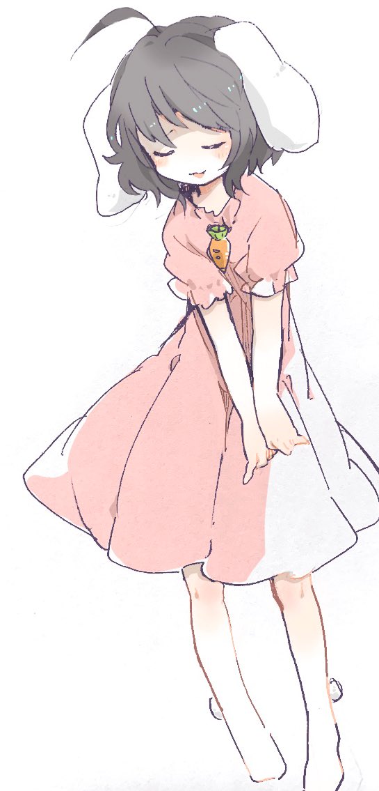 1girl, :3, :d, ahoge, animal_ears, barefoot, black_hair, carrot_necklace