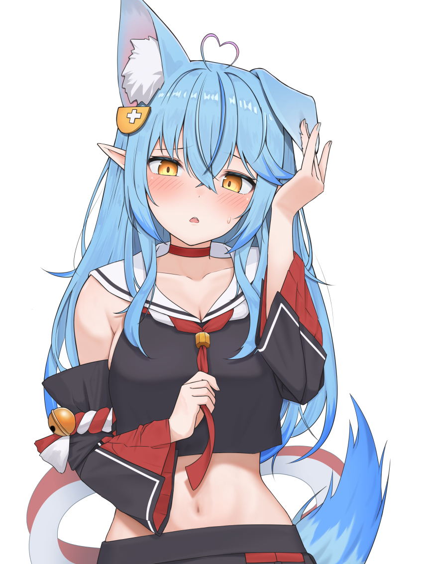 1girl, absurdres, ahoge, animal_ears, bell, blue_hair, blush, breasts