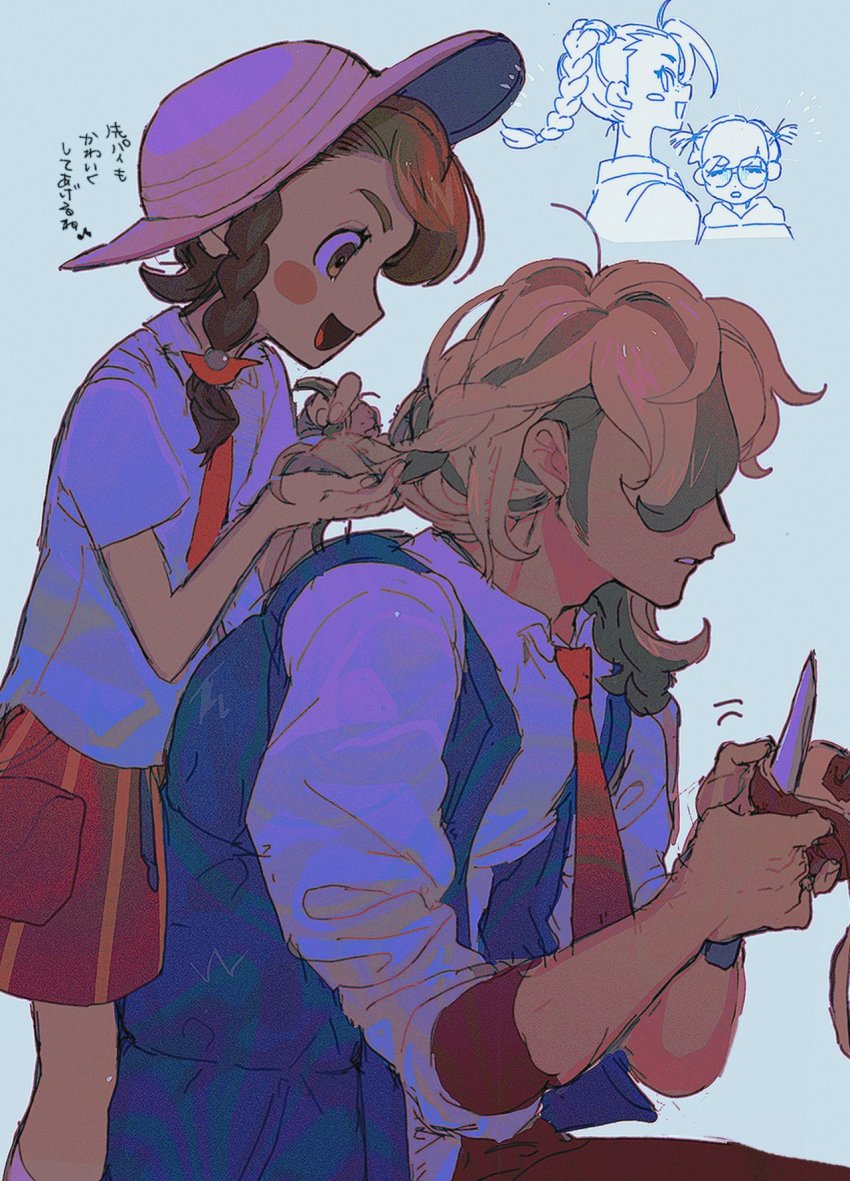 1boy, 3girls, :d, alternate_hairstyle, apple, arven_(pokemon), blue_vest, blush_stickers