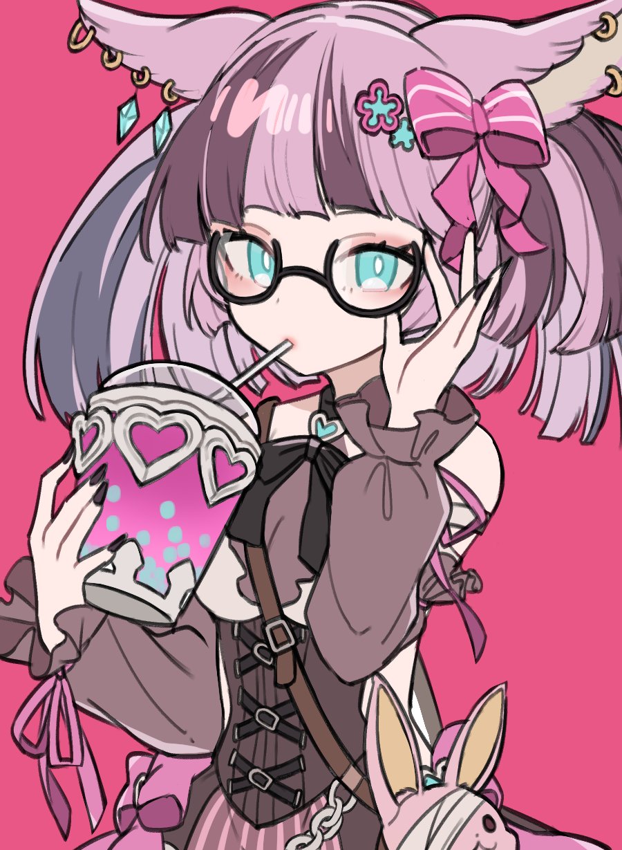 1girl, adjusting_eyewear, animal_ears, bespectacled, black_nails, bow, bowtie, breasts