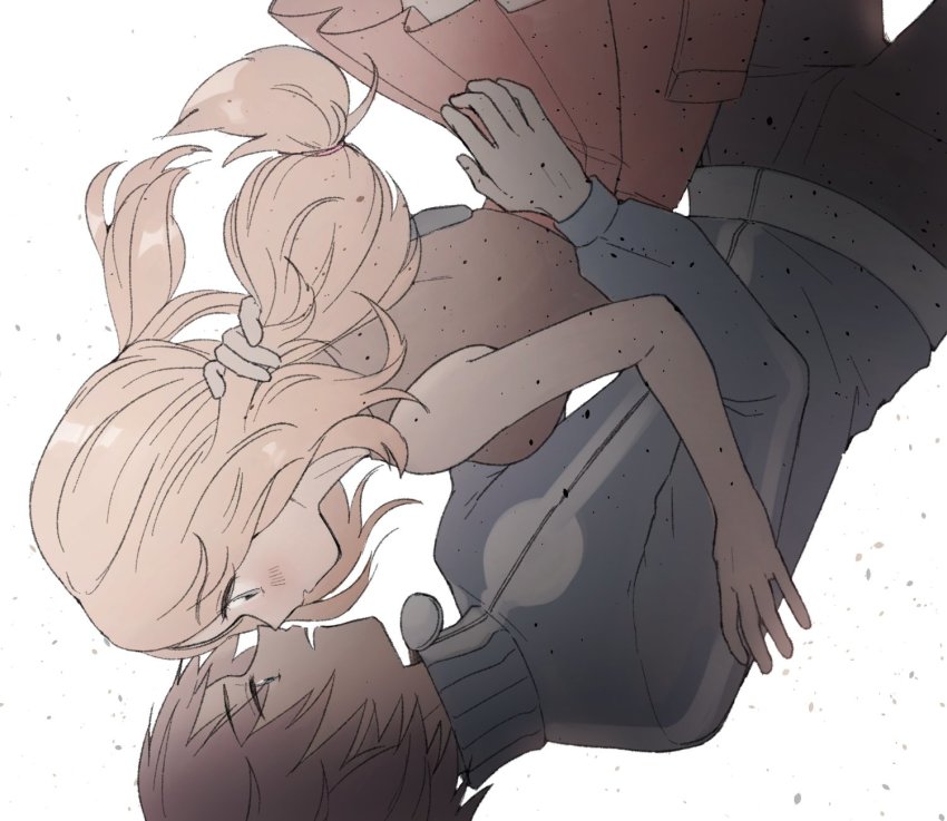 1boy, 1girl, black_hair, blonde_hair, blue_jacket, blush, breasts, calem_(pokemon)