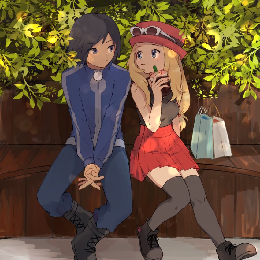 1boy, 1girl, bag, black_footwear, black_hair, blonde_hair, blue_jacket, boots