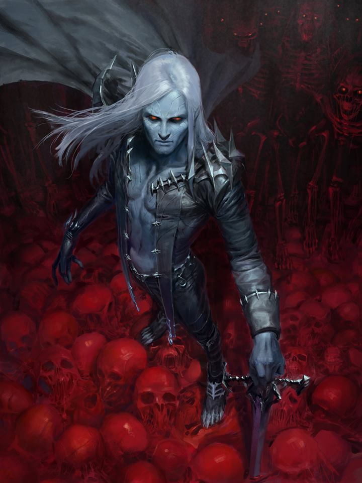 1boy, armor, army, barefoot, black_jacket, black_pants, blood_on_skeleton, cape, colored_skin, fantasy, glowing, glowing_eyes, grey_cape, grey_skin, holding, holding_sword, holding_weapon, horror_(theme), jacket, kim_jung_gi, long_hair, looking_at_viewer, looking_up, male_focus, navel, open_clothes, open_jacket, orange_eyes, original, pants, shoulder_armor, shoulder_spikes, spiked_armor, spikes, sword, undead, vampire, weapon, white_hair