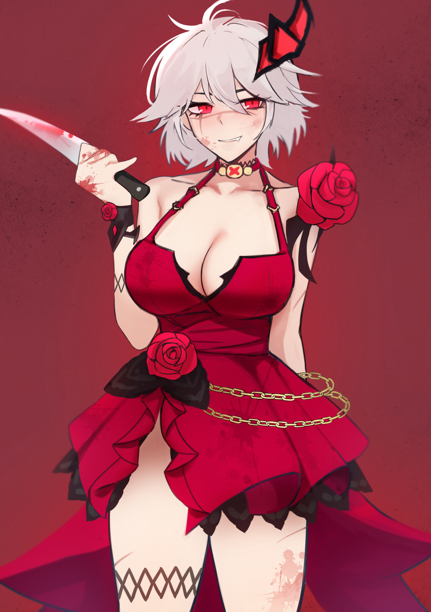 1girl, absurdres, arm_tattoo, black_survival, blood, blood_on_clothes, blood_on_face, blood_on_hands, bloody_knife, bloody_weapon, breasts, chain, choker, cleavage, collarbone, commentary, corsage, cowboy_shot, dress, english_commentary, eternal_return:_black_survival, fang, flower, front_slit, gold_chain, hair_ornament, halter_dress, halterneck, hand_up, highres, holding, holding_knife, holding_weapon, jackie_quilt, kisa_(leg3043), knife, large_breasts, leg_tattoo, looking_at_viewer, neck_tattoo, official_alternate_costume, red_background, red_dress, red_eyes, red_flower, red_rose, rose, scar, scar_on_arm, scar_on_face, scar_on_leg, short_hair, simple_background, sketch, smile, solo, standing, tattoo, teeth, weapon, white_hair
