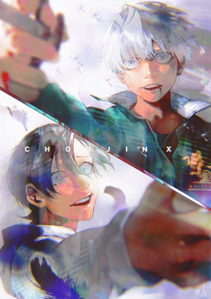 2boys, absurdres, black_hair, blue_eyes, choujin_x, copyright_name, dandelion, feathers