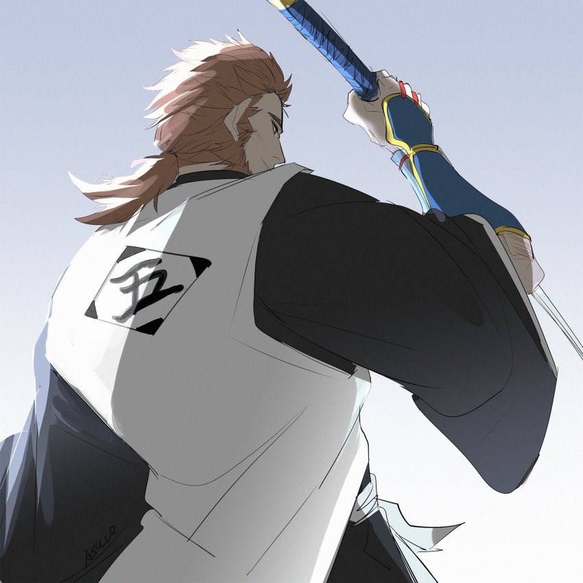 1boy, arm_guards, asure_(asure_twi), bleach, bleach:_sennen_kessen-hen, brown_hair, highres, holding