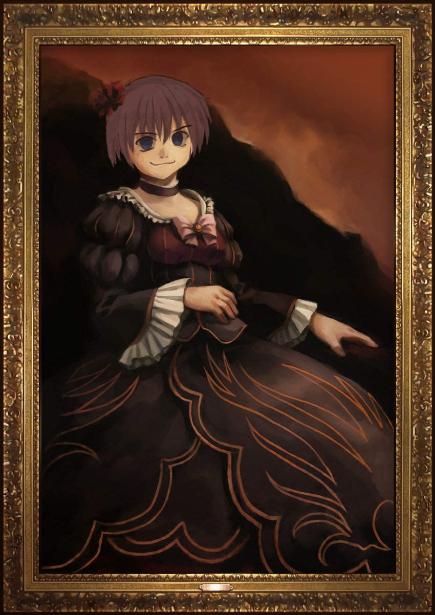 1boy, absurdres, beatrice_(umineko), beatrice_(umineko)_(cosplay), black_dress, blue_eyes, bow, brown_hair