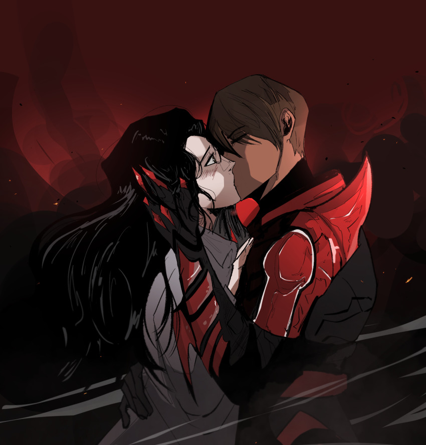 15mikaeruda, 2girls, absurdres, armor, black_hair, blush, bodysuit, brown_hair