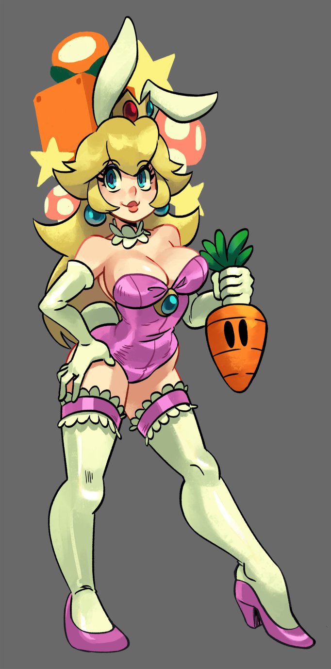 1girl, alex_ahad, animal_ears, blonde_hair, breasts, carrot, carrot_(mario), elbow_gloves, fire_flower, flower, gloves, grey_background, high_heels, highres, large_breasts, leotard, mario_(series), mushroom, nintendo, pink_leotard, pink_shoes, playboy_bunny, princess_peach, rabbit_ears, rabbit_tail, shoes, simple_background, smile, solo, star_(symbol), super_mario_bros._1, super_mario_land_2, tail, thighhighs, white_gloves, white_thighhighs