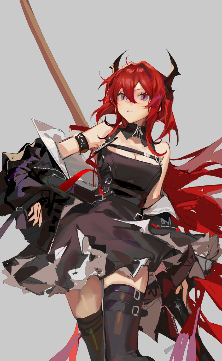 1girl, absurdres, arknights, black_dress, black_horns, black_jacket, black_thighhighs, breasts