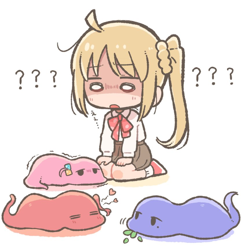 ?, ??, blonde_hair, blue_skirt, bocchi_the_rock!, bow, collared_shirt, crawling