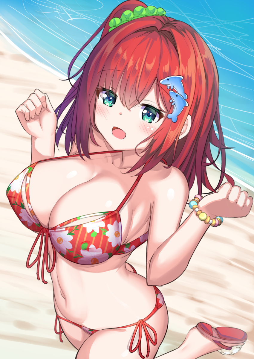 1girl, :d, aqua_eyes, arms_up, ass, bare_arms, bare_shoulders, beach, bead_bracelet, beads, bikini, blush, bracelet, breasts, butt_crack, cleavage, collarbone, commentary_request, cowboy_shot, day, dolphin_hair_ornament, dolphin_wave, fingernails, flip-flops, floral_print, floral_print_bikini, front-tie_bikini_top, front-tie_top, green_scrunchie, hair_between_eyes, hair_ornament, hair_scrunchie, hairclip, halterneck, highres, jewelry, large_breasts, leg_up, looking_at_viewer, medium_hair, navel, one_side_up, open_mouth, outdoors, print_bikini, red_bikini, red_hair, red_sandals, sakimiya_iruka, sandals, scrunchie, shoe_soles, side-tie_bikini_bottom, smile, solo, standing, standing_on_one_leg, stomach, strap_gap, swimsuit, w_arms, water, yuutopia
