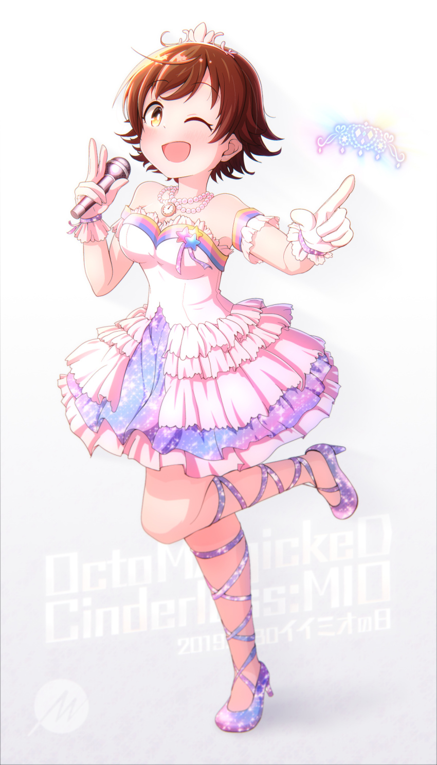 1girl, azmad, bead_necklace, beads, breasts, brown_eyes, brown_hair, cinderella_dream_(idolmaster), clock_necklace, detached_sleeves, dress, frilled_dress, frills, full_body, gloves, high_heels, highres, holding, holding_microphone, honda_mio, idol, idolmaster, idolmaster_cinderella_girls, jewelry, medium_breasts, microphone, necklace, pink_dress, short_hair, solo, standing, standing_on_one_leg, strapless, strapless_dress, tiara, white_gloves