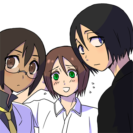 00s, black_hair, bleach, blue_eyes, blush, brown_eyes, brown_hair, crossover, dark_skin, element_hunters, glasses, green_eyes, homi_nandie, kanazawa_noto, ktmkr, lowres, male_focus, necktie, yamada_hanatarou