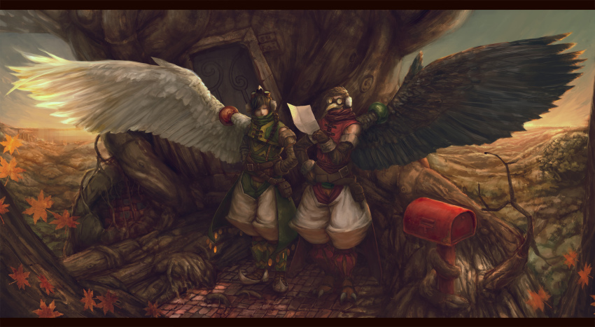 2boys, beak, braid, brown_hair, earmuffs, elbow_gloves, gloves, goggles