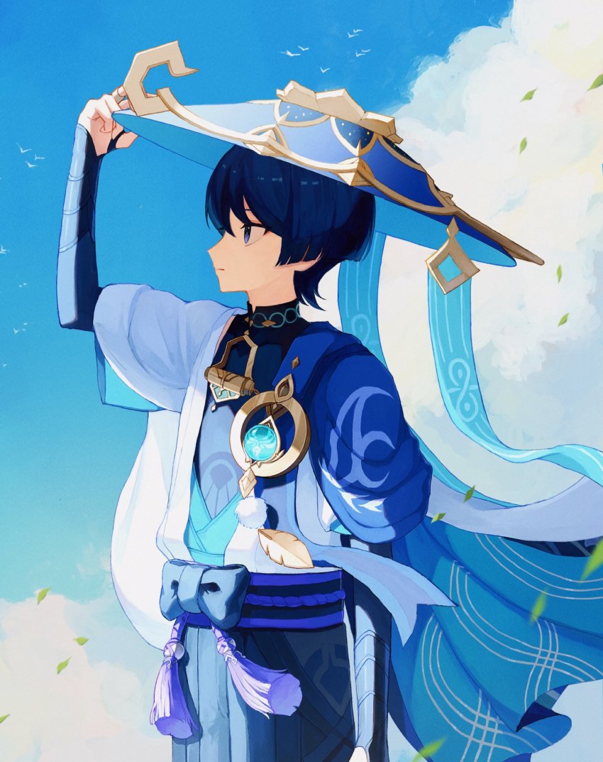 1boy, arm_armor, arm_up, belt, bird, black_belt, blue_bow, blue_eyes, blue_gem, blue_hair, blue_hat, blue_shirt, blue_shorts, blue_sky, blue_vest, blunt_ends, bow, closed_mouth, cloud, cloudy_sky, dark_blue_hair, flying, gem, genshin_impact, gold, grey_vest, hair_between_eyes, hand_on_headwear, hand_up, hat, highres, jewelry, jingasa, leaf, looking_to_the_side, maigogo05, male_focus, mandarin_collar, necklace, official_alternate_costume, open_clothes, open_vest, outdoors, pom_pom_(clothes), purple_belt, ring, scaramouche_(genshin_impact), shirt, short_hair, short_sleeves, shorts, sky, sleeveless, sleeveless_shirt, solo, standing, two-tone_vest, vest, vision_(genshin_impact), wanderer_(genshin_impact), wings