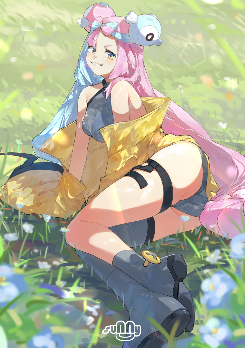 1girl, absurdres, bow-shaped_hair, character_hair_ornament, dongbu, grey_pantyhose, hair_ornament, hexagon_print, highres, iono_(pokemon), jacket, long_hair, long_sleeves, low-tied_long_hair, multicolored_hair, nintendo, oversized_clothes, pantyhose, pokemon, pokemon_scarlet_and_violet, sharp_teeth, single_leg_pantyhose, sleeves_past_fingers, sleeves_past_wrists, solo, split-color_hair, teeth, x_(symbol), yellow_jacket