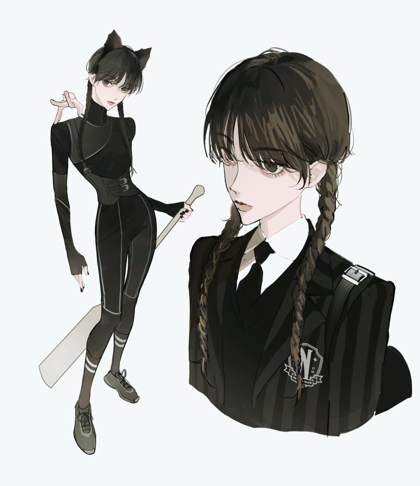 1girl, absurdres, the_addams_family, animification, black_hair, black_nails, bodysuit, braid