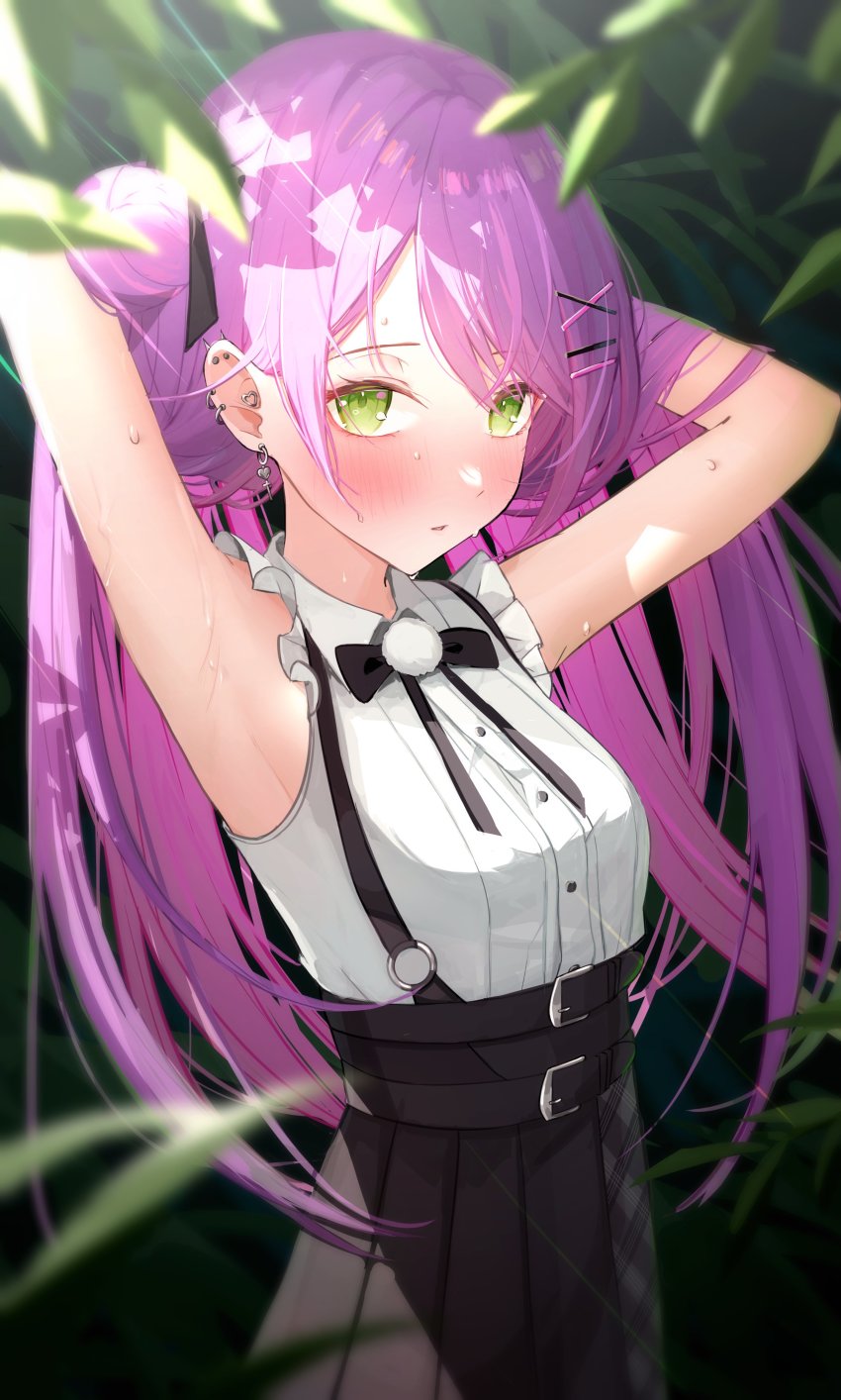 1girl, absurdres, armpits, arms_behind_head, arms_up, bare_arms, belt, black_belt