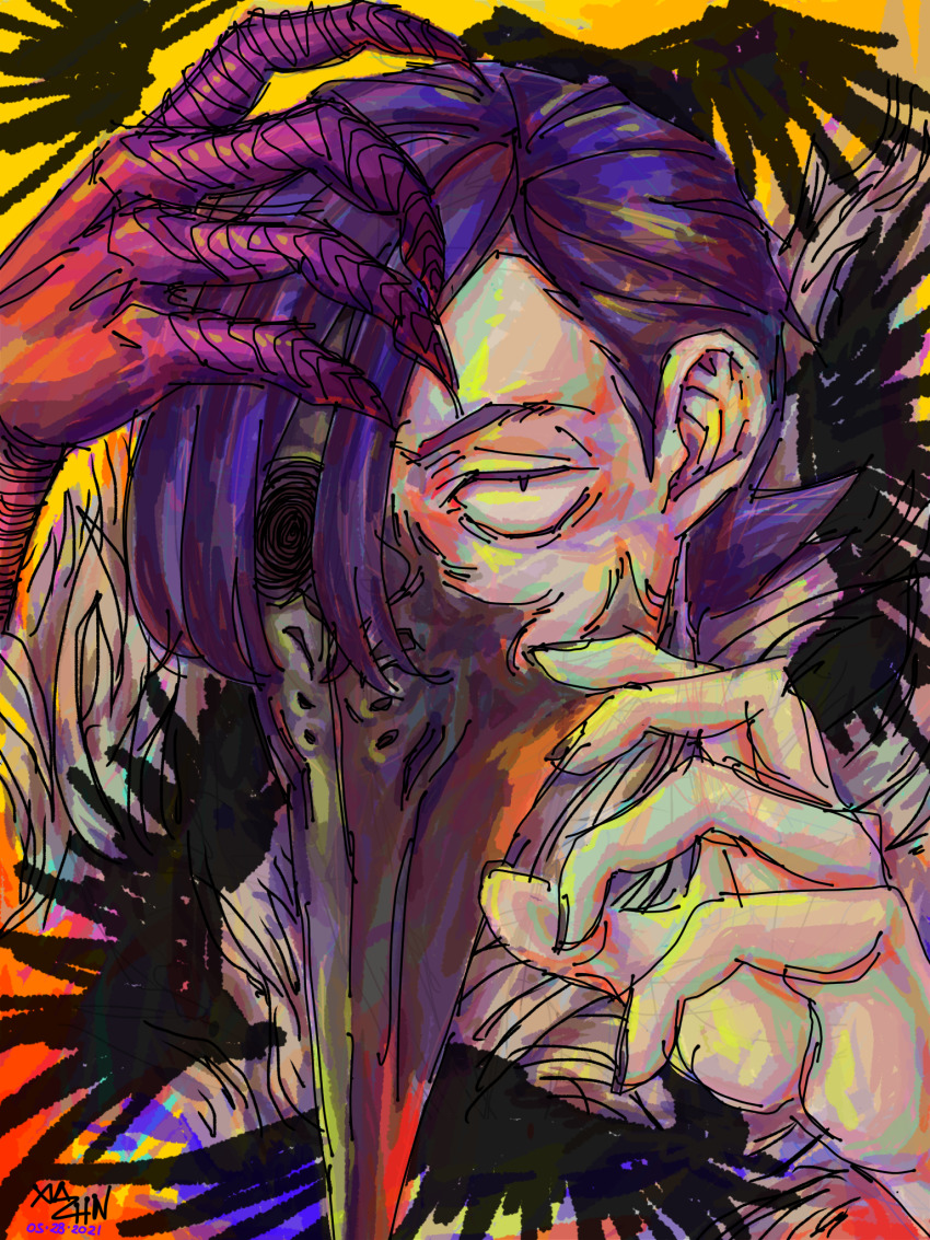 1boy, beak, bestial_choujin, black_hair, choujin_x, claw_pose, hair_over_one_eye, highres