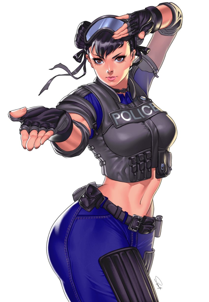 1girl, alternate_costume, arms_up, belt, black_gloves, black_hair, blue_pants, breasts