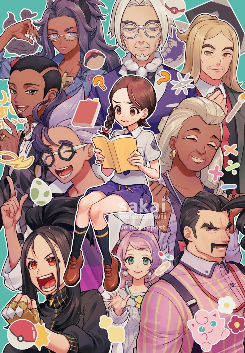 5boys, 5girls, ?, black-framed_eyewear, black_hair, black_jacket, blonde_hair, braid, brown_hair, cardigan, clavell_(pokemon), closed_eyes, closed_mouth, collared_shirt, cross_scar, dark-skinned_female, dark-skinned_male, dark_skin, dendra_(pokemon), earrings, eyeshadow, facial_hair, fingerless_gloves, flower_earrings, glasses, gloves, green_eyes, grey_hair, grey_shirt, hair_intakes, hassel_(pokemon), hexagonal_eyewear, highres, jacket, jacq_(pokemon), jewelry, juliana_(pokemon), lab_coat, lipstick, long_hair, long_sleeves, looking_at_viewer, makeup, manly, mature_female, mature_male, messy_hair, miriam_(pokemon), multicolored_hair, multiple_boys, multiple_girls, mustache, necktie, nintendo, open_cardigan, open_clothes, open_mouth, poke_ball_print, pokemon, pokemon_scarlet_and_violet, ponytail, purple_hair, purple_jacket, purple_necktie, purple_shorts, raifort_(pokemon), round_eyewear, saguaro_(pokemon), sakai_(motomei), salvatore_(pokemon), scar, scar_on_face, scar_on_forehead, school_uniform, semi-rimless_eyewear, shirt, short_hair, short_sleeves, shorts, smile, stethoscope, striped_clothes, striped_shirt, suspenders, sweater, thick_eyebrows, track_jacket, two-tone_hair, tyme_(pokemon), under-rim_eyewear, uva_academy_school_uniform, vertical-striped_clothes, vertical-striped_shirt, white_hair, yellow_gloves