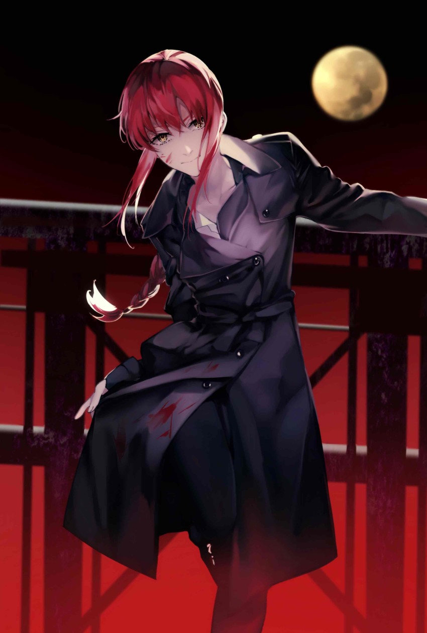 1girl, absurdres, blood, blood_on_clothes, blood_on_face, braid, braided_ponytail, chainsaw_man