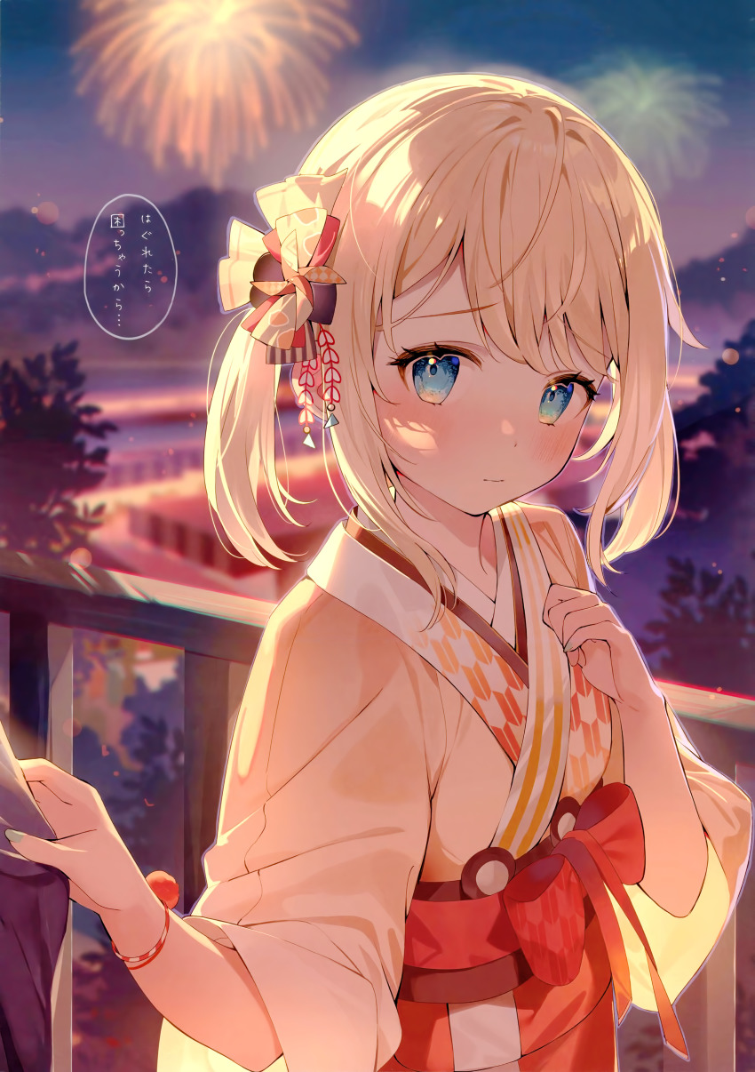 1girl, absurdres, blonde_hair, blue_eyes, blurry, blurry_background, blush, bow