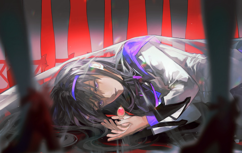 2girls, akemi_homura, akemi_homura_(magical_girl), black_hair, blurry, capelet, chan9233, chinese_commentary, commentary_request, depth_of_field, floating, floating_object, from_side, glint, hair_spread_out, hairband, high_heels, highres, jacket, kaname_madoka, kaname_madoka_(magical_girl), long_hair, long_sleeves, looking_at_object, lying, mahou_shoujo_madoka_magica, mahou_shoujo_madoka_magica_(anime), multiple_girls, neck_ribbon, on_side, open_mouth, out_of_frame, pantyhose, plastic_wrap, purple_capelet, purple_eyes, purple_hairband, red_footwear, ribbon, shoes, solo_focus, soul_gem, upper_body, white_jacket, white_pantyhose