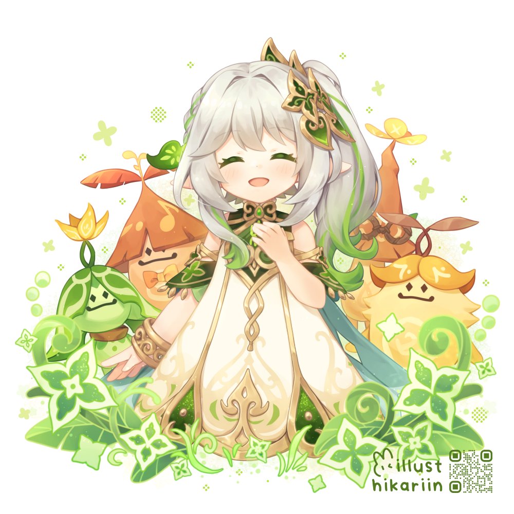 1girl, :d, ^_^, aranara_(genshin_impact), bracelet, braid, cape, character_request