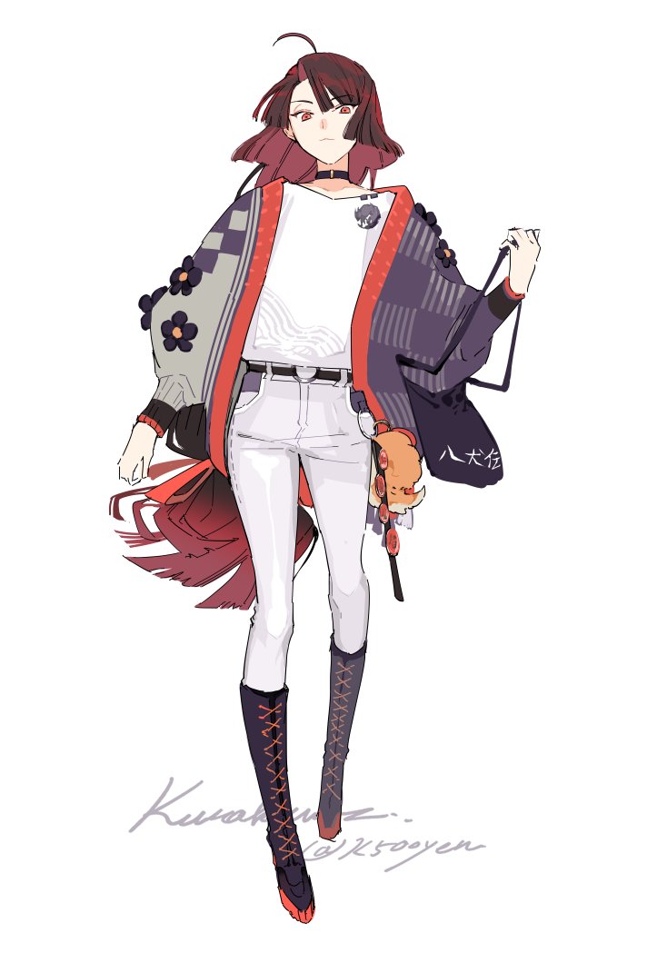1girl, ahoge, asymmetrical_clothes, bag, belt, boots, brown_hair, contemporary, dog_tail, fate/grand_order, fate_(series), grey_jacket, jacket, k500yen, kyokutei_bakin_(fate), long_hair, low-tied_long_hair, pants, red_eyes, signature, tail, white_background, white_pants