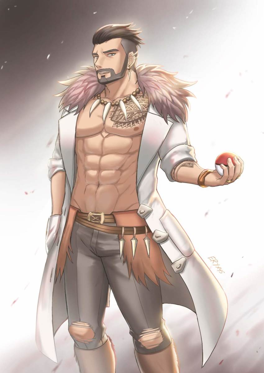 1boy, abs, alternate_costume, bara, bare_pectorals, beard, belt, boots