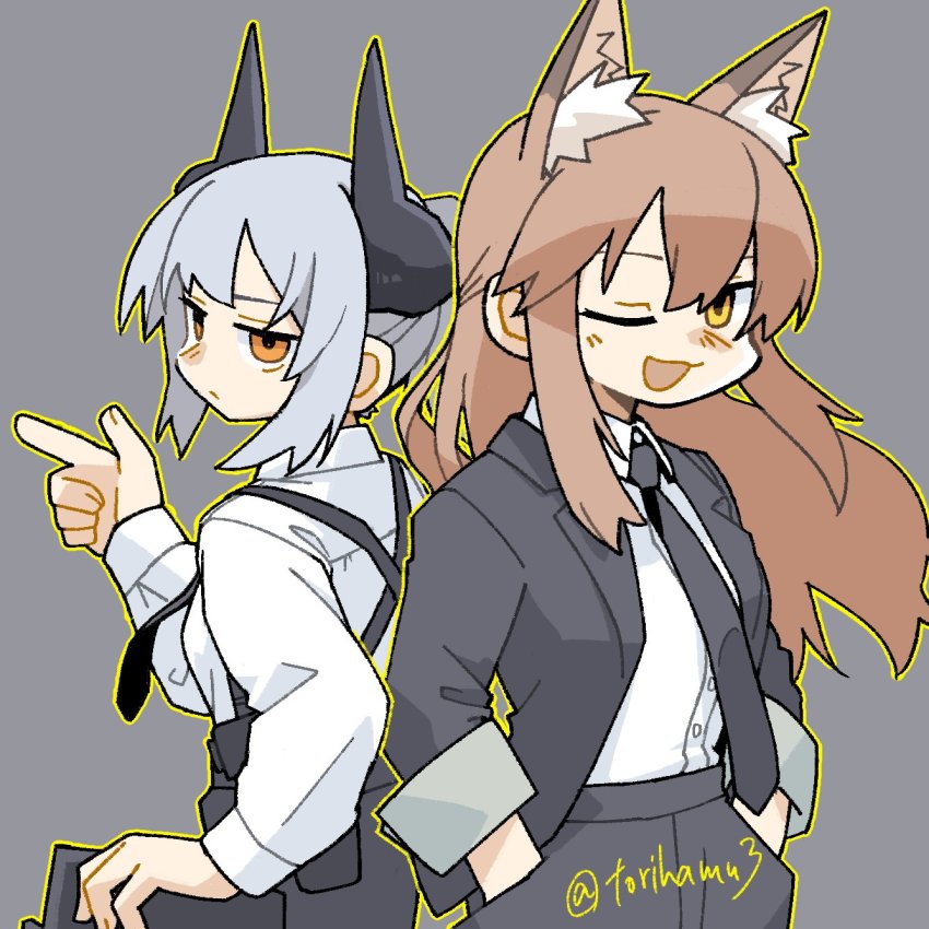 2girls, ;d, animal_ear_fluff, animal_ears, arknights, black_jacket, black_necktie, black_pants