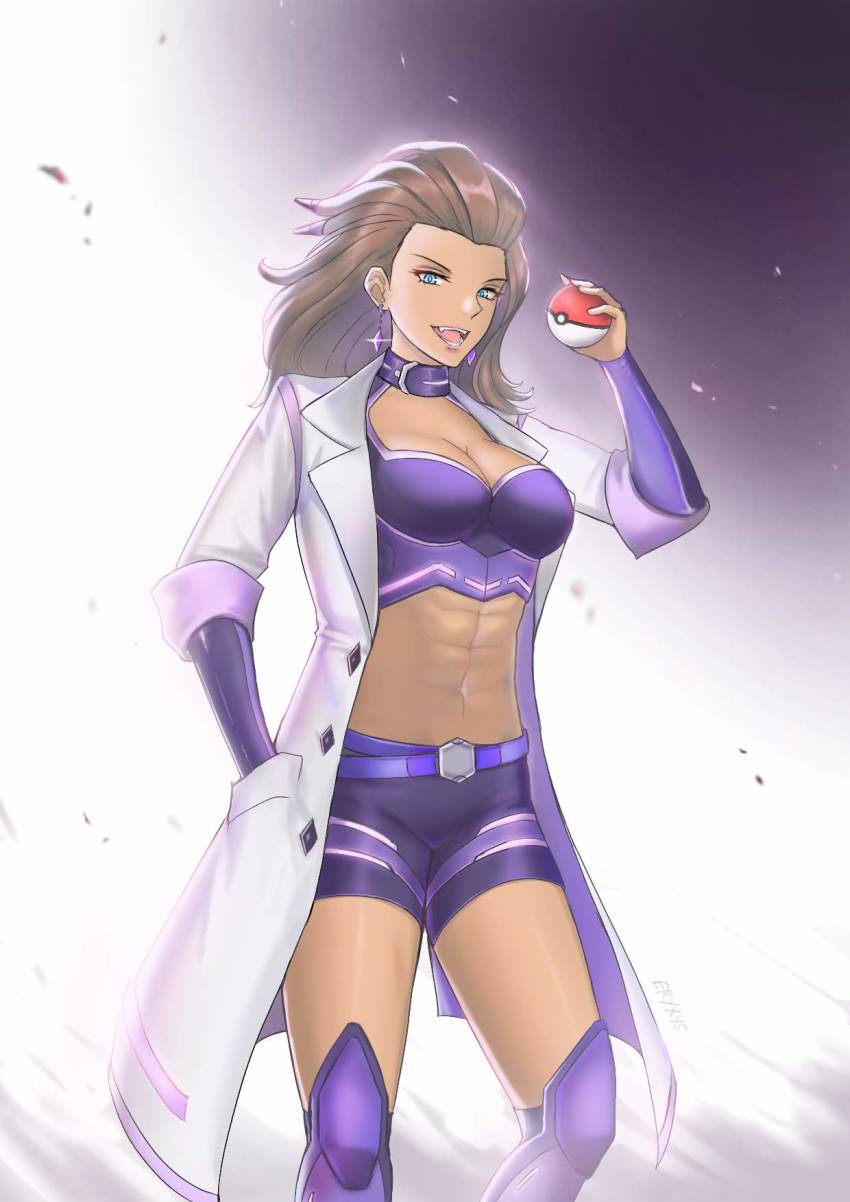 1girl, :d, abs, alternate_costume, aqua_eyes, boots, breasts, brown_hair, cleavage, coat, collar, commentary, cosplay, earrings, eryx45, eyelashes, glint, hand_in_pocket, hand_up, highres, holding, holding_poke_ball, jewelry, large_breasts, long_hair, medium_breasts, nintendo, open_clothes, open_coat, open_mouth, poke_ball, poke_ball_(basic), pokemon, pokemon_scarlet_and_violet, professor_turo_(cosplay), professor_sada, shorts, smile, solo, teeth, thighs, tongue, professor_turo, white_coat