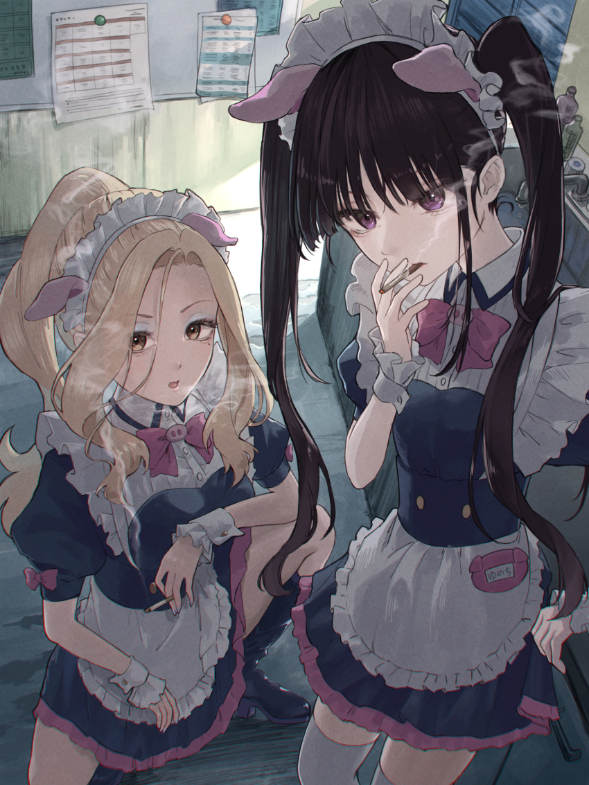 2girls, :o, absurdres, akiba_maid_sensou, animal_ears, apron, blonde_hair, boots, bow, cigarette, commentary, commission, dripping, english_commentary, fake_animal_ears, frilled_apron, frills, headdress, highres, holding, holding_cigarette, indoors, long_hair, looking_at_viewer, maid, maid_headdress, mole, mole_under_eye, multiple_girls, pig_ears, ponytail, purple_eyes, red_bow, shiipon_(akiba_maid_sensou), sink, smoking, squatting, thighhighs, twintails, very_long_hair, waist_apron, white_thighhighs, wrist_cuffs, yamabuki_(yamabuki_xxxxx), yellow_eyes, yumechi_(akiba_maid_sensou), zettai_ryouiki