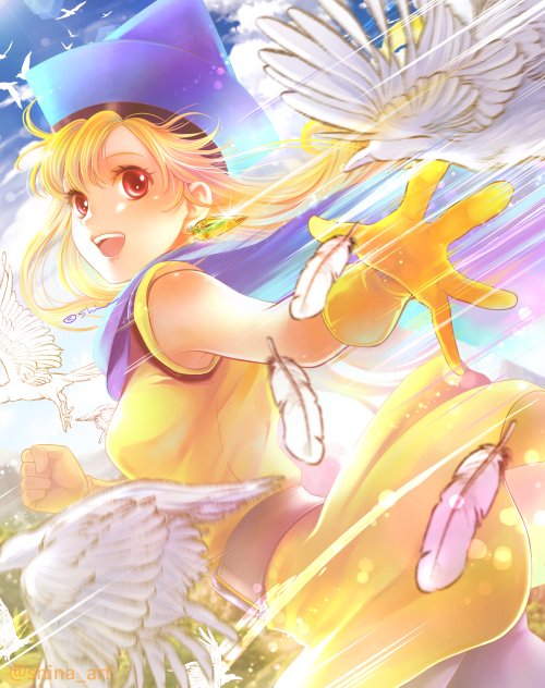 1girl, alena_(dq4), belt, bird, black_pantyhose, blue_cape, blue_hat, blue_sky